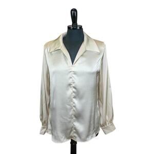 Grace Karin Cream Off White V Neck Collared Blouse Satin Feel Size M